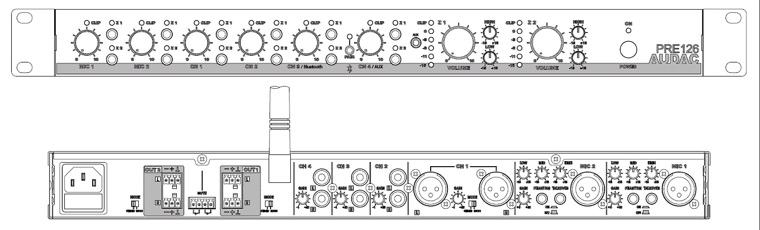 AUDAC PRE126, двухзонный стереофонический матричный микшер-предусилитель